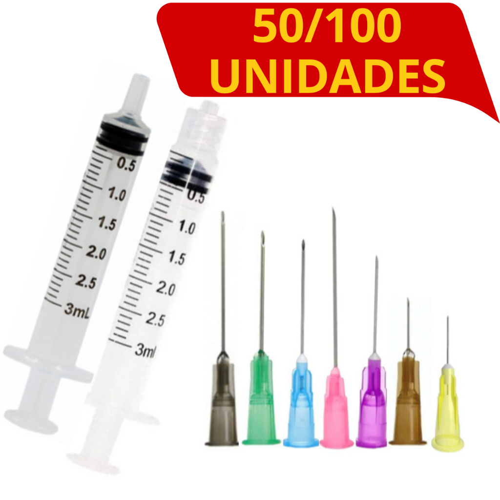 Seringa 3ml Rosca ou Liso + Agulhas - Kit  com 50/100 Unidades de cada