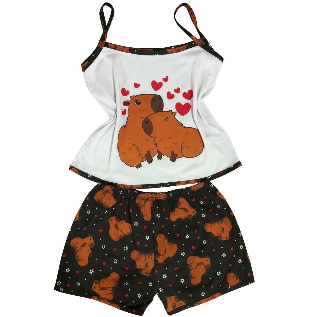 Baby Dool pijama Feminino adulto malha verão Confortável Roupa de Dormir Personagens Capivara Stitch Alcinha em Oferta na Shopee