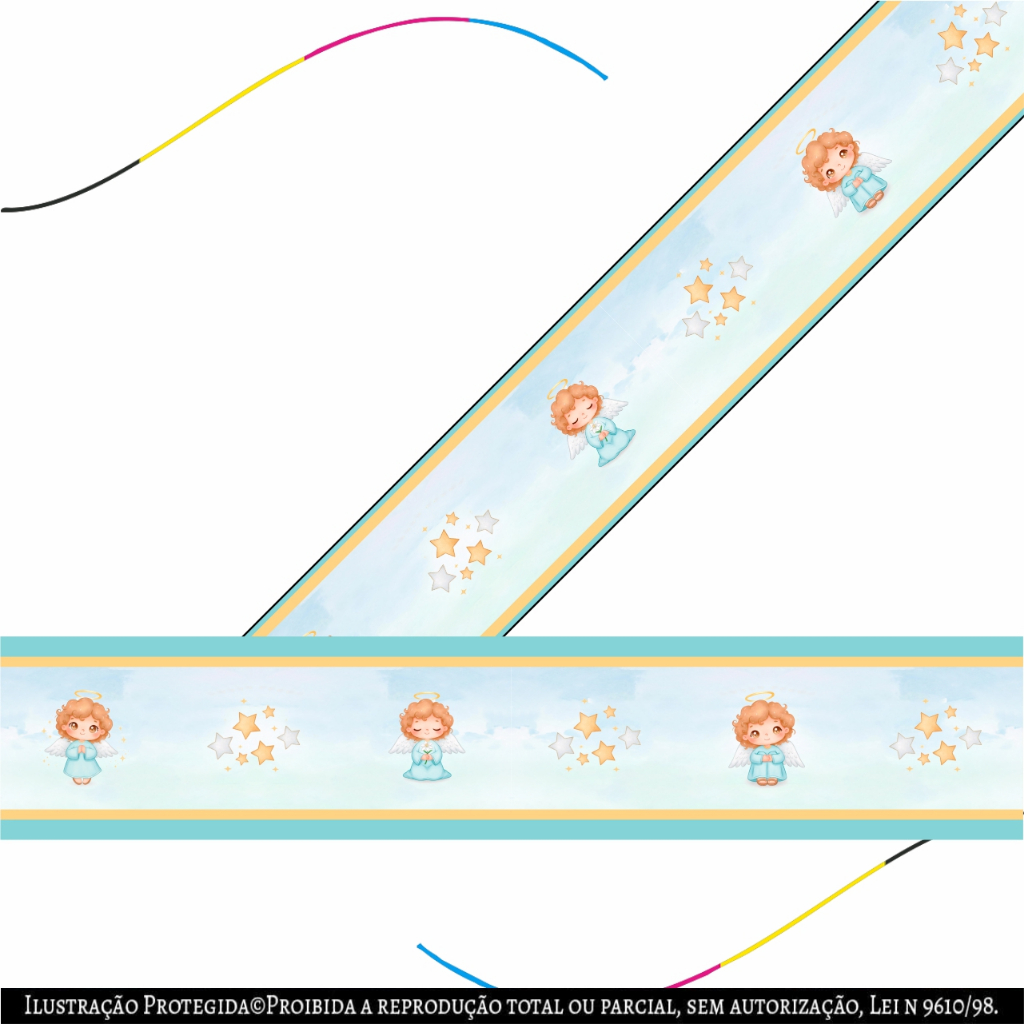 Faixa Decorativa Adesiva Infantil, Anjos e Estrelas, Azul e Bege, santo anjo, Anjinho