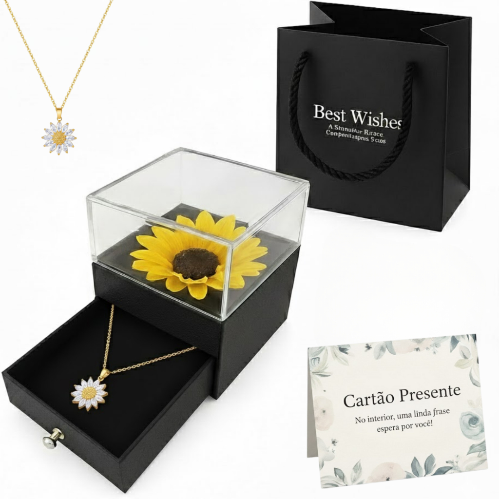 Presente Colar Girassol Cravejado Com Sacola e Cartão Presente Para Namorada Mãe Noiva Esposa Te Amo