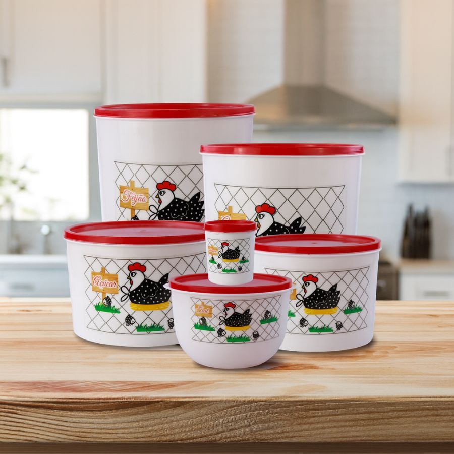 Kit 6 Peças Potes Latas Para Mantimentos Decorado Galinha Pedreira Utilidades