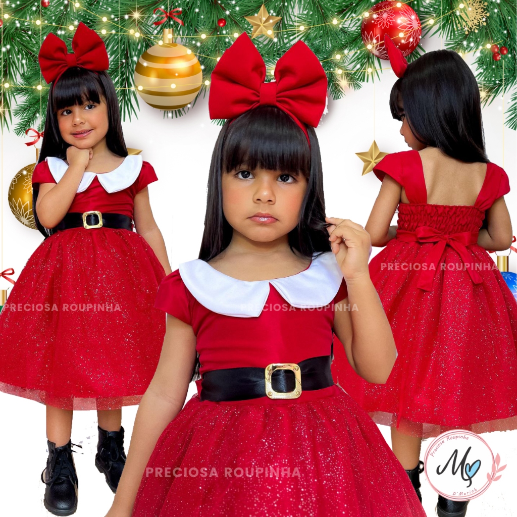 Vestido Infantil Natal Menina Natalino Criança Vermelho Mamãe Noel Festa Luxo Roupa Menina