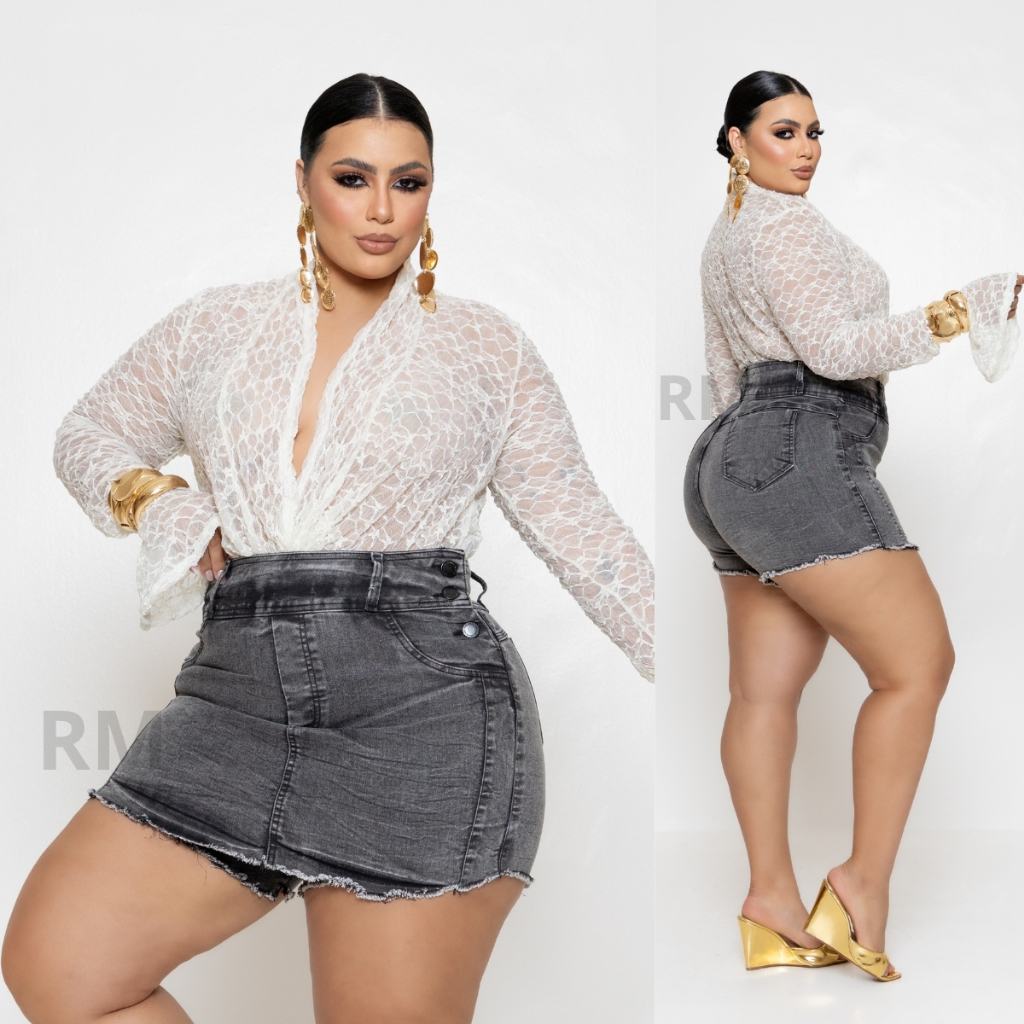Roupa Feminina Shorts Saia Jeans Feminino Plus Size C/ Lycra Moda Confortavel em Oferta na Shopee