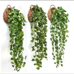 Arranjo Com 3 Pendentes Artificial Verde + 1 Vaso De Planta Trançado Marrom Decoração Casa, Casamento