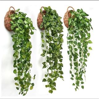 Arranjo Com 3 Pendentes Artificial Verde + 1 Vaso De Planta Trançado Marrom Decoração Casa, Casamento