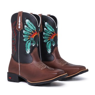 Bota Country Masculina Texana Botina Cano Medio Bordado Bico Quadrado Trabalho Cavalgada Roça Texas