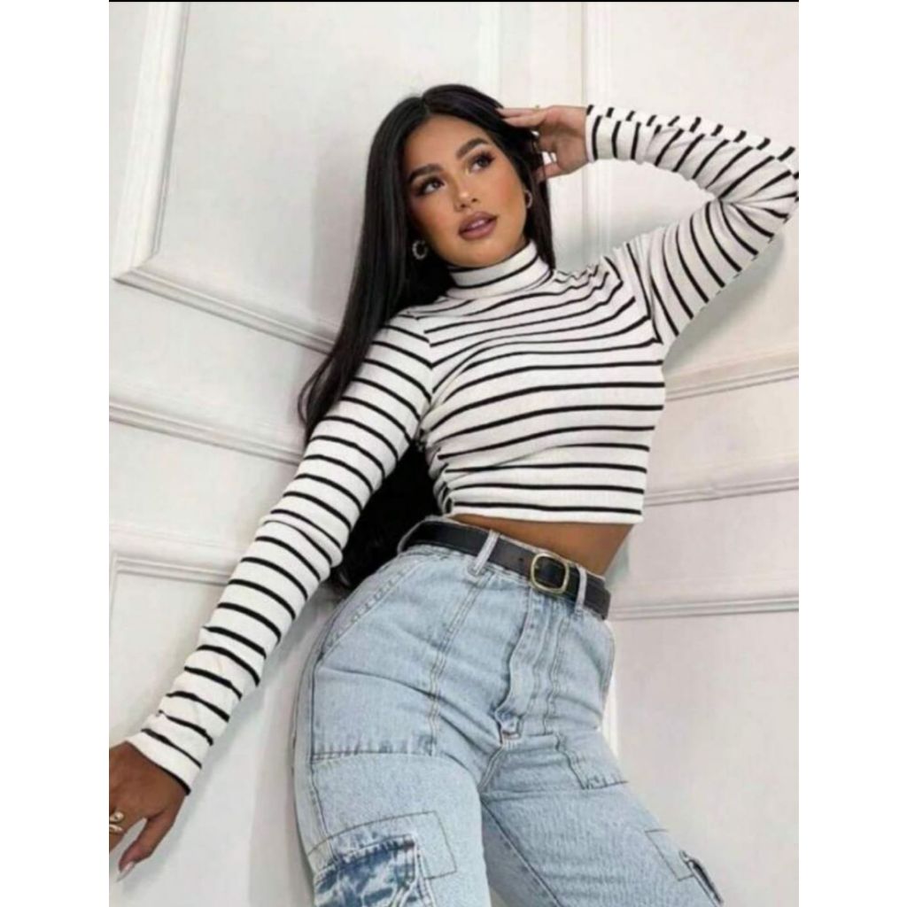 Cropped Manga Longa Blusa Feminina Canelado Listrado  Sem Bojo Colado