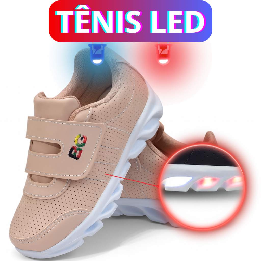 Tenis Menino Menina Casual Infantil Sapatenis Velcro LED Macio Confortável