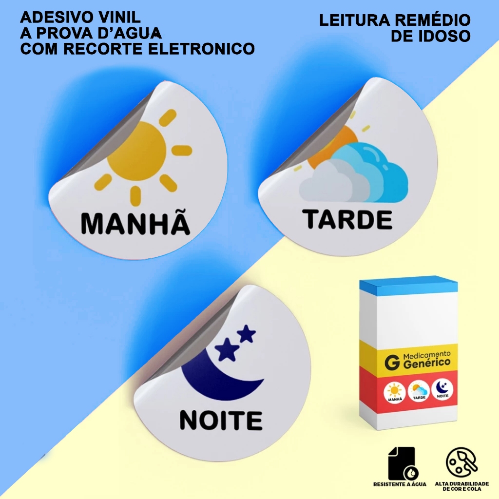 Kit com 100 Adesivos de Vinil para Leitura de Remédios | Indicados p Idosos | Identificação de Receituário – Dia e Noite
