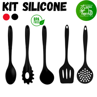 Kit Preto 5 Peças De Silicone Espátula Concha Escumadeira Colher Espátula Vazada Cozinha Restaurante em Oferta na Shopee