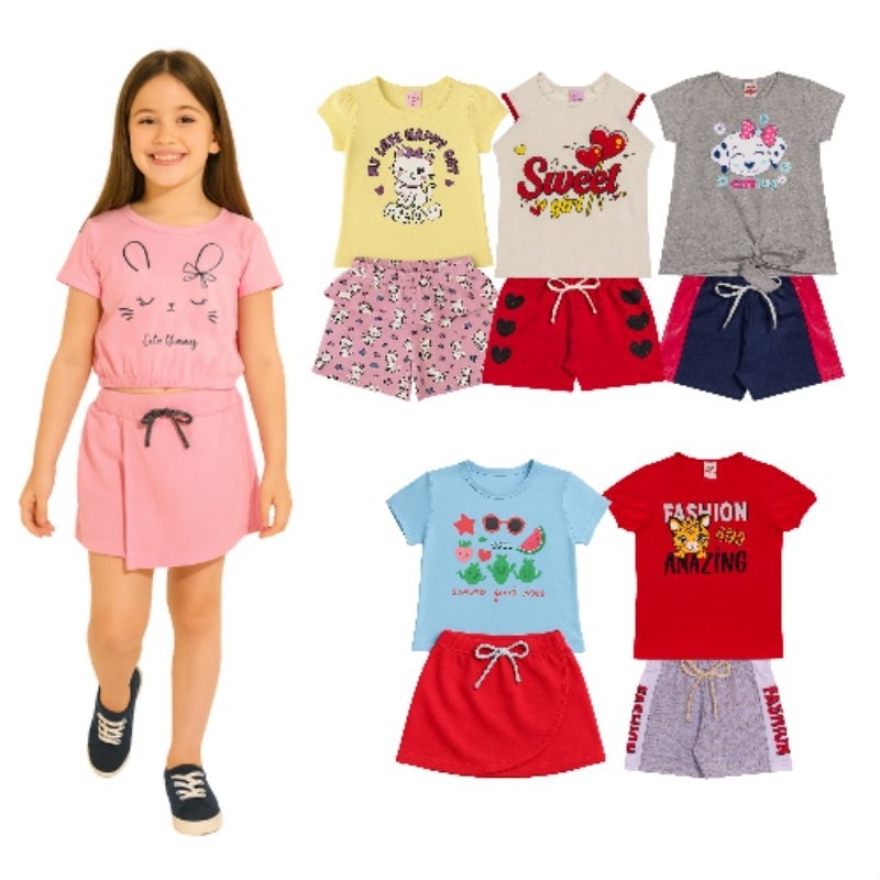 Kit 10 Peças de Roupa Feminino Infantil Verão - 5 Blusas + 5 Bermudas - Kit 5 Conjuntos Menina Verão