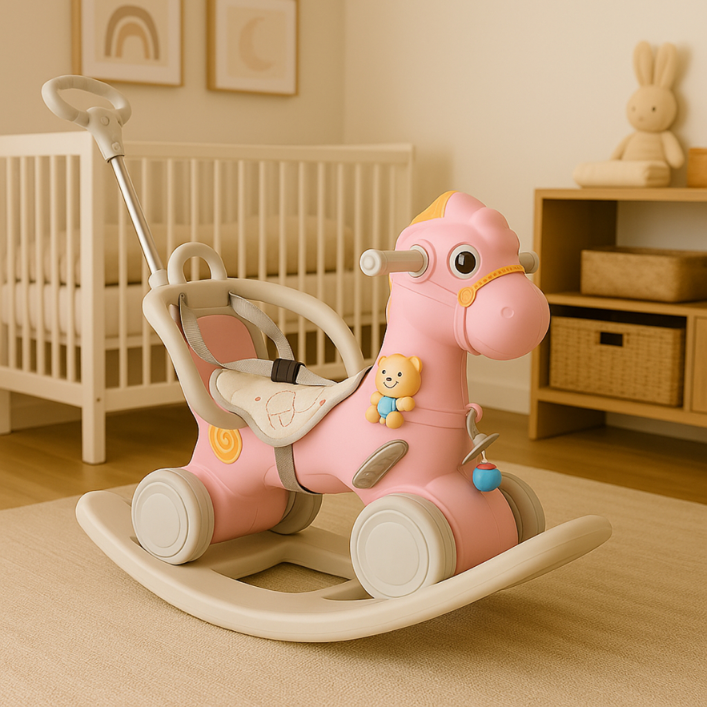 Cavalinho de Passeio e Balanço Rosa com Empurrador – Brinquedo Infantil 3 em 1