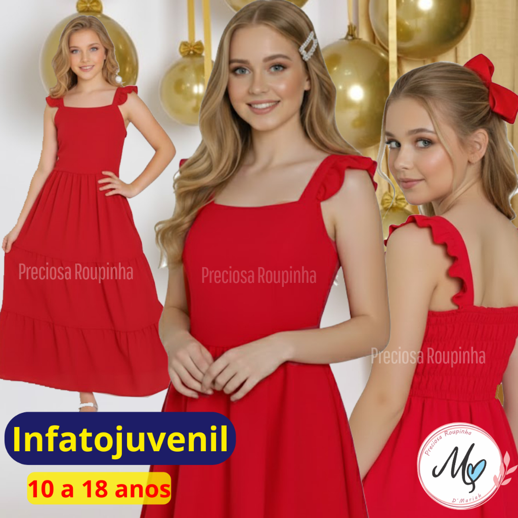 Vestido juvenil longo adolescente 10, 16 anos 18 anos festa natal ano novo infantojuvenil jovem crista modesto vermelho