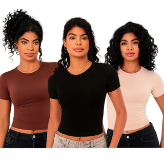 Baby Tee Feminina Slim Fit - Blusa de Compressão Manga Curta em Oferta na Shopee