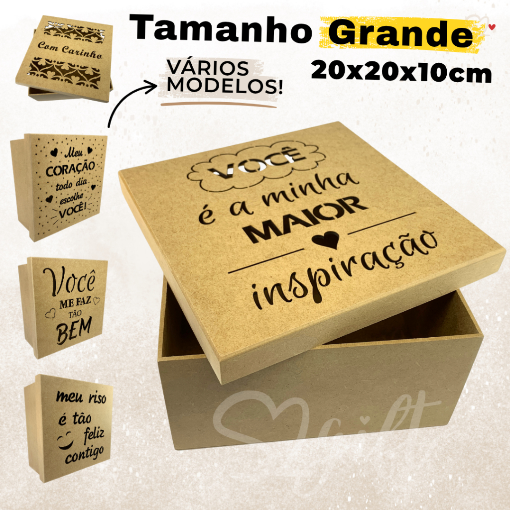 Caixa De Presente Decorada 20x20x10 MDF C/ Tampa Vários Modelos Lembrancinha Artesanato