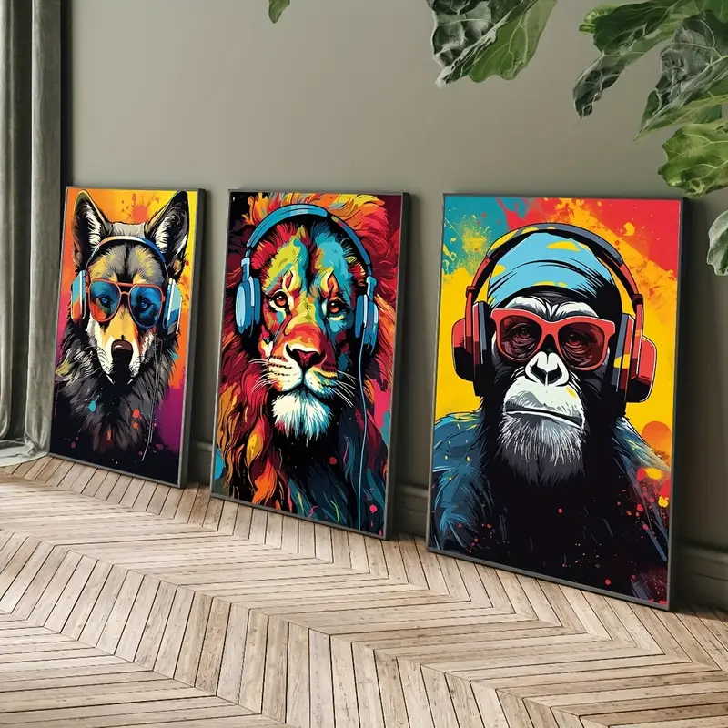 Kit 3 Quadros Animais Pop Art Fones MDF Autocolante Decoração Geek Gamer Graffiti Street Art