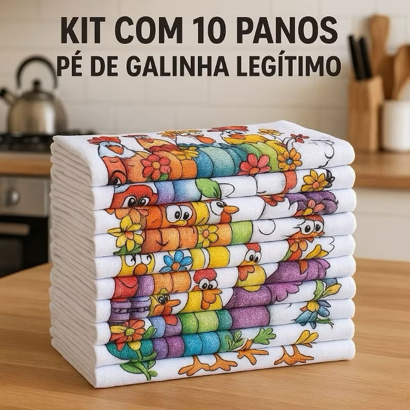 Kit 10 Panos de Prato Pé de Galinha Grande 100% Algodão Alta Absorção e Estampas Sortidas