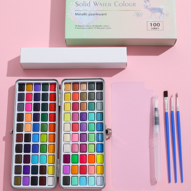 72/128Cores Conjunto de tinta aquarela sólida De Aquarela Bloco Pigmento Caneta + Brush e Palette