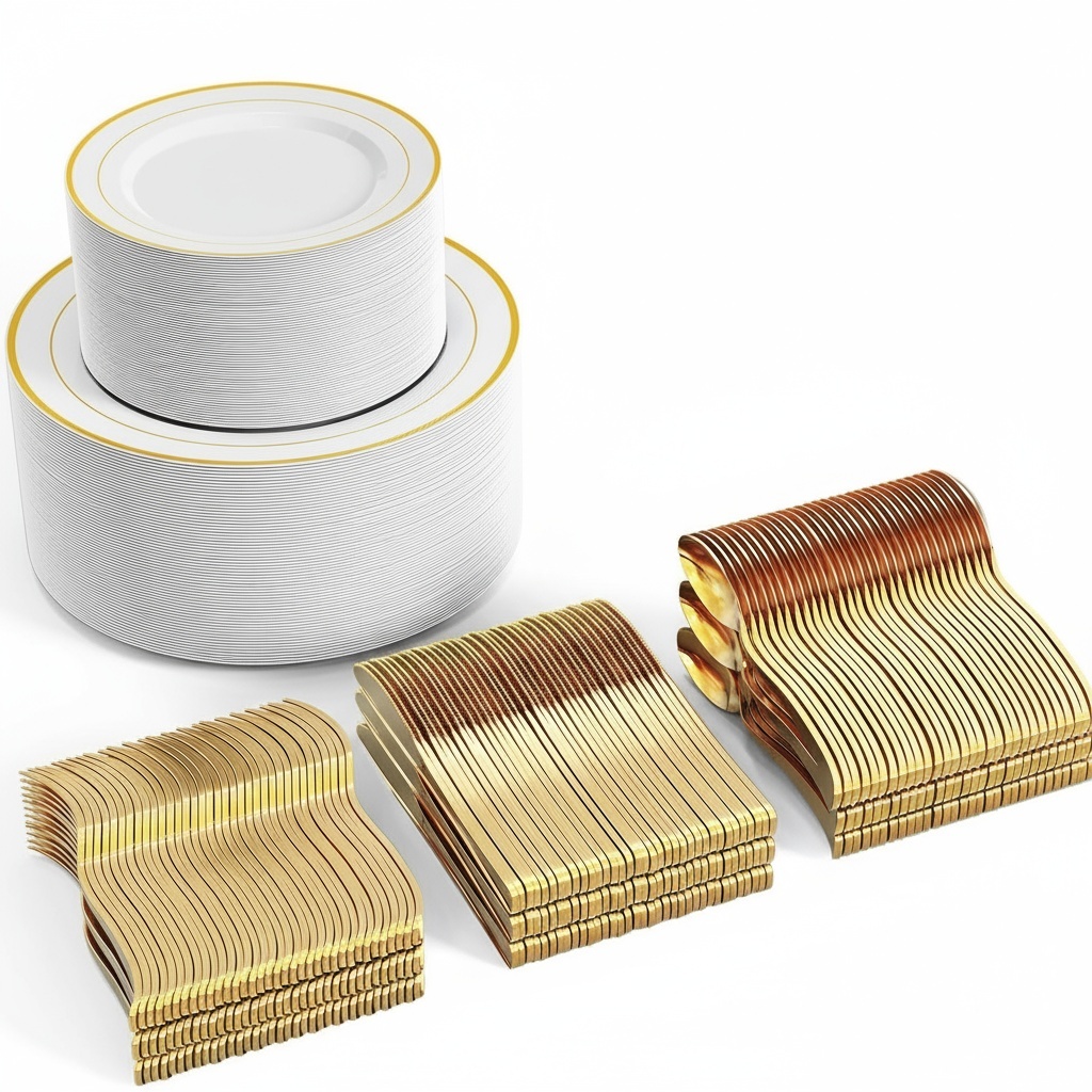 Kit 500 iten festa descartável de dourado para 100 convidados, prato de sobremesa+prato de jantar+garfo+colheres+facas