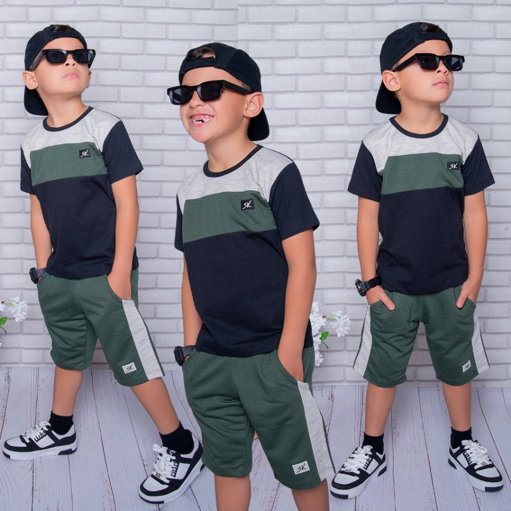 Conjunto Infantil Menino Lançamento Verão Camisa 100% Algodão e Bermuda  Veste do 2 ao 14 anos