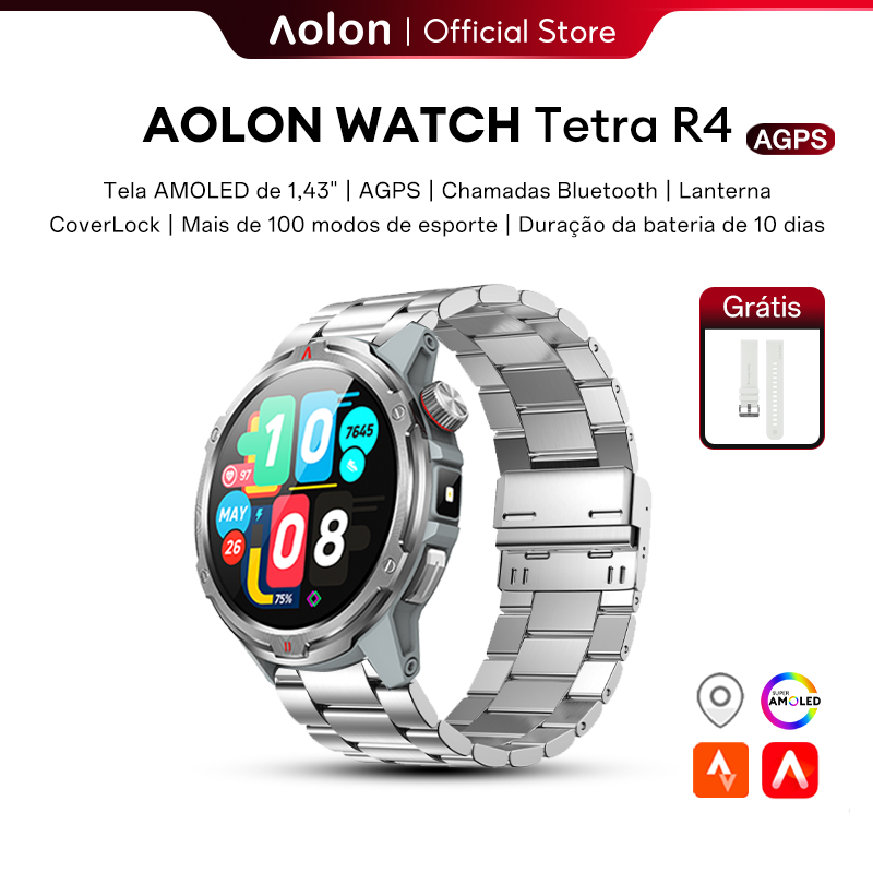 Aolon Tetra R4 Relógio inteligente AMOLED AGPS bússola smartwatch relógio masculino Bluetooth 1ATM IP68 À prova d'água