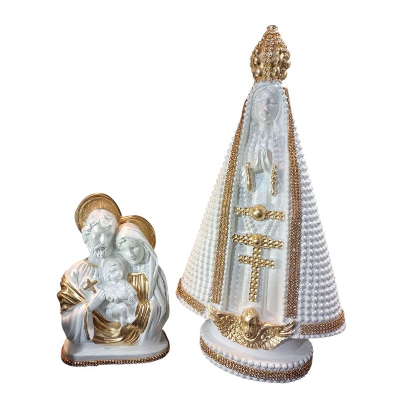 Kit Imagem de Nossa Senhora Aparecida 40cm Branca Sagrada Família 20cm Gesso Dourada Strass