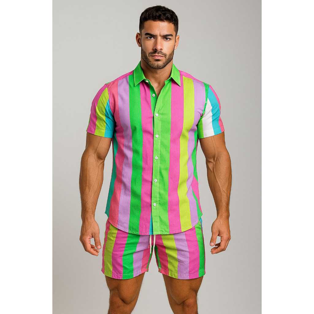 Conjunto Masculino Camisa E Shorts  Mauricinho Estampado