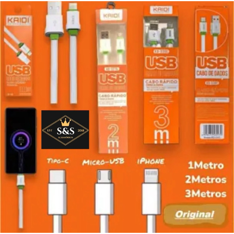 Cabos Kaidi Turbo todos formatos e comprimentos em Oferta na Shopee