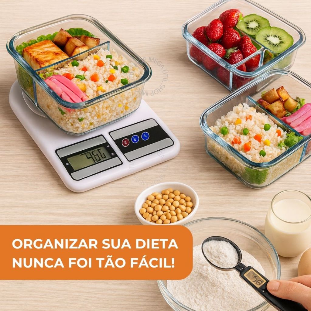 Marmita Vidro Hermético + Balança Digital 10kg | Potes Divisória 370ml 1040ml 1520ml Kit Cozinha Fit