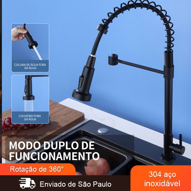 Torneira Gourmet de Cozinha Bancada Com Extensor Ducha Inox 304 Pia Cozinha Extensor Misturador