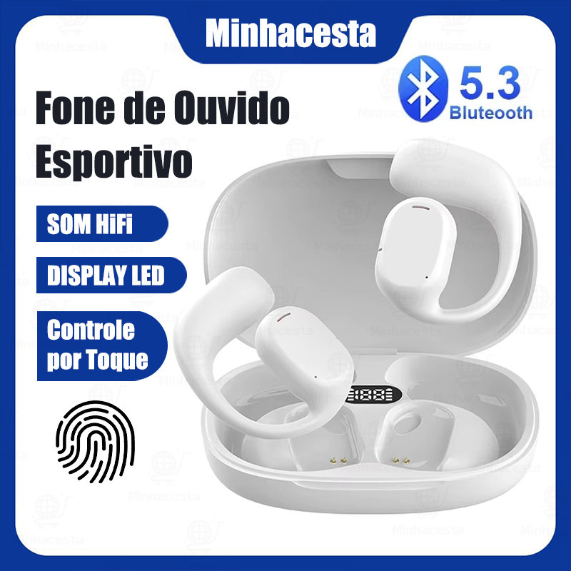 Fone TWS Bluetooth 5.3 com condução óssea, display digital e redução de ruído - Sem fio -B8