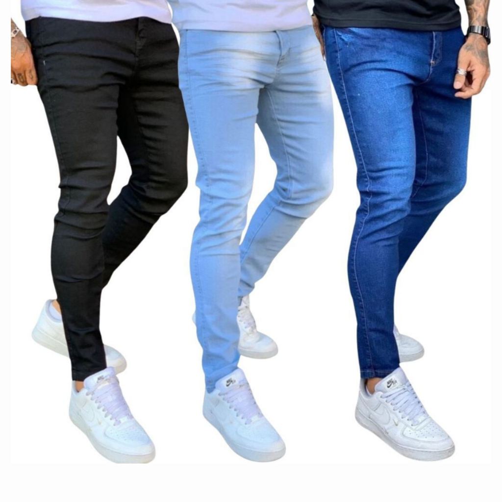 Kit com 3 Calças Jeans Masculina Premium Skinny Corte tradicional Basico com Lycra Lavagem Clara Escura ou Preta em Oferta na Shopee