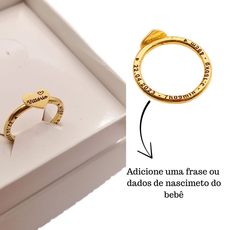 Anel coração personalizado com nome e gravação lateral banhado a ouro 18k presente mãe namorada em Oferta na Shopee