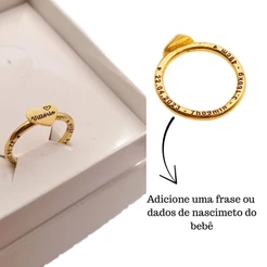Anel coração personalizado com nome e gravação lateral banhado a ouro 18k presente mãe namorada