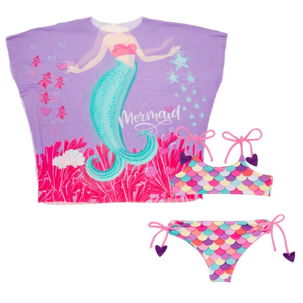 Biquíni Dupla Face + Saída De Praia Kimono Tule Menina Infantil