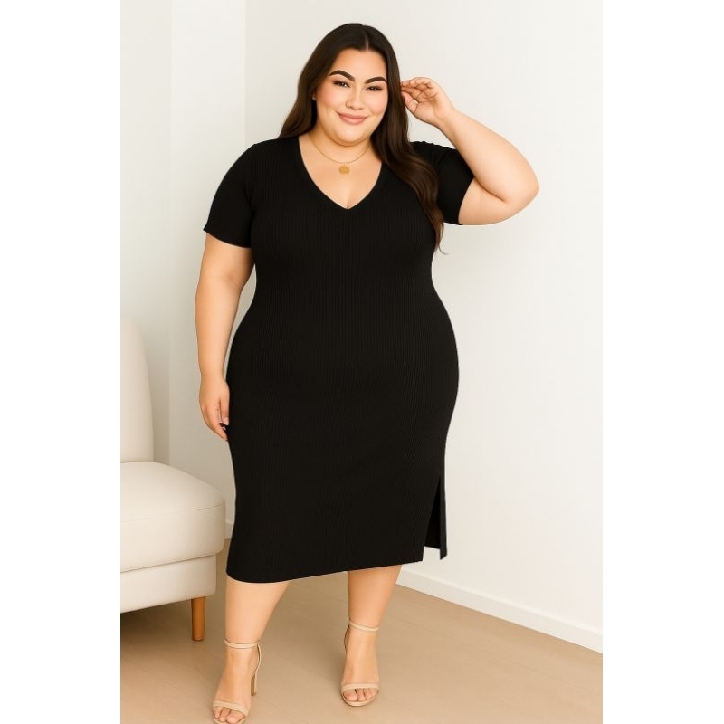 Vestido Midi Canelado Decote V no Ribana de Algodão 0 transparência ,Elegante e confortáveis em ocasiões  eleganttissimo