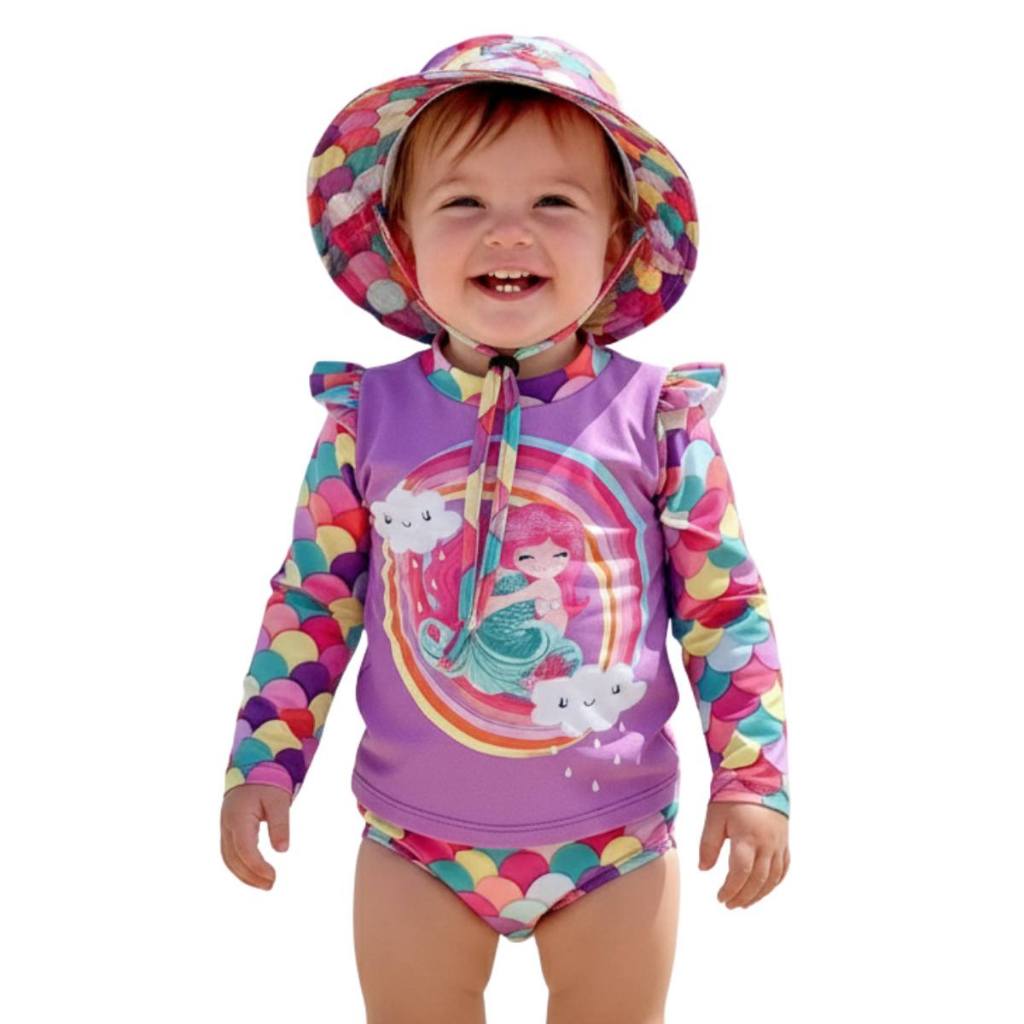 Conjunto Biquíni Manga Longa Praia Menina + Chapéu Proteção Solar Uv Baby Bebê
