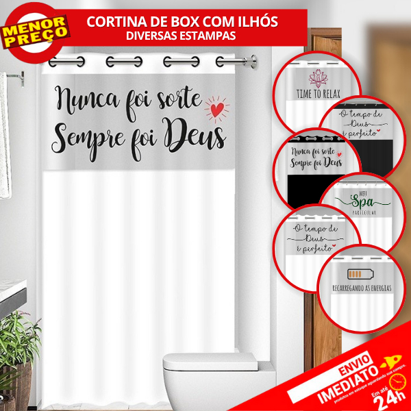 Cortina Box com Visor Frases Para Banheiro Anti Mofo Resistente Alta Qualidade 100% PVC Várias Cores