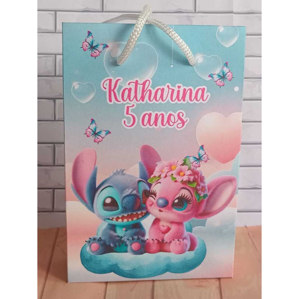 Sacolinha Surpresa Personalizada Lembrancinha Stitch e Angel Nuvens e Borboletas PEGUE E MONTE