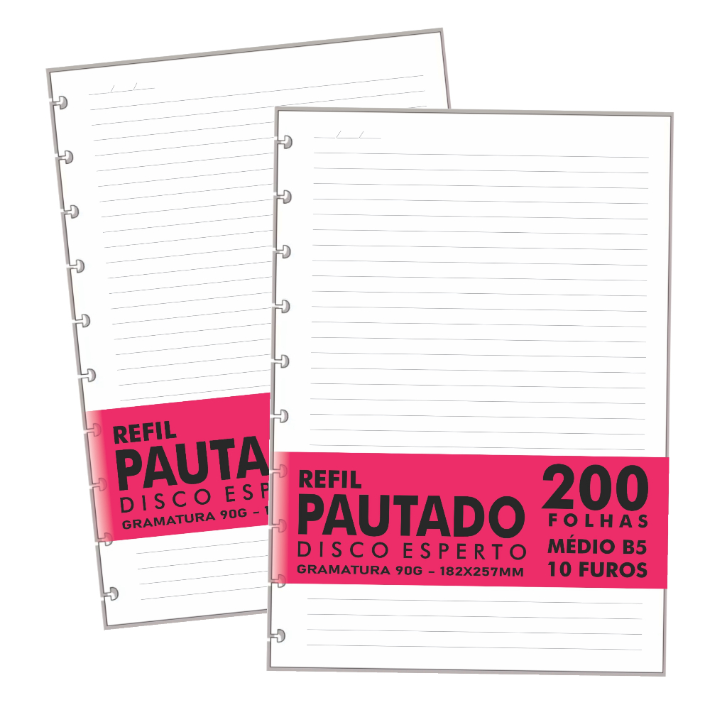Refil Genérico Pautado Compatível Caderno Discos / Inteligente 200Fls Colegial Médio B5 10 Furos 90g