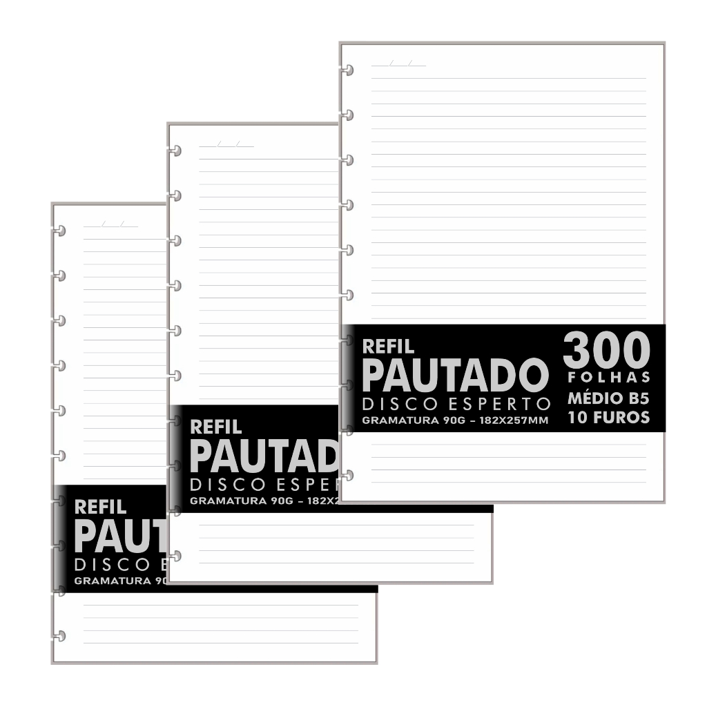 Refil Genérico Pautado Compatível Caderno Discos / Inteligente 300Fls Colegial Médio B5 10 Furos 90g em Oferta na Shopee