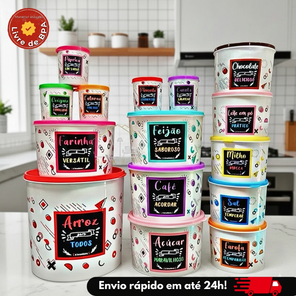 Kit Mantimento Jogo Cozinha 15 Peças Pote Colorido Personalizado Decorado Tapuer 6 Litro em Oferta na Shopee
