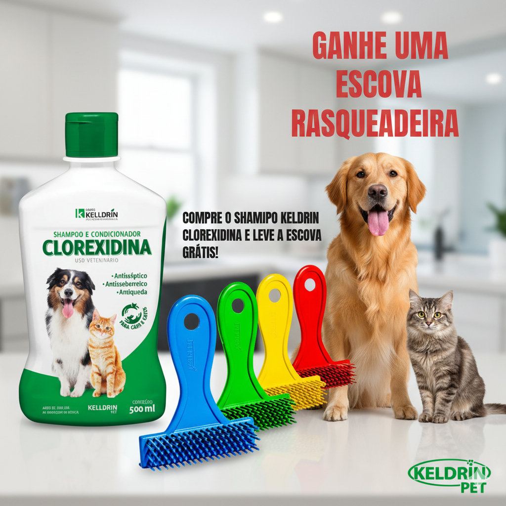 Shampoo 5 em 1 Clorexidina Kelldrin Cachorros e Gatos - 500ml + Escova Rastelo