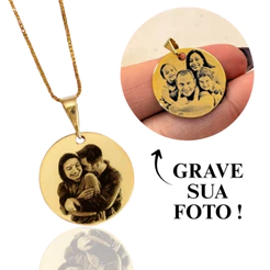 Colar Personalizado Medalha 17mm Gravação Foto Frase Feminino (45cm) Banho Ouro 18k ou Prata Presente Mimo Dia Namorados