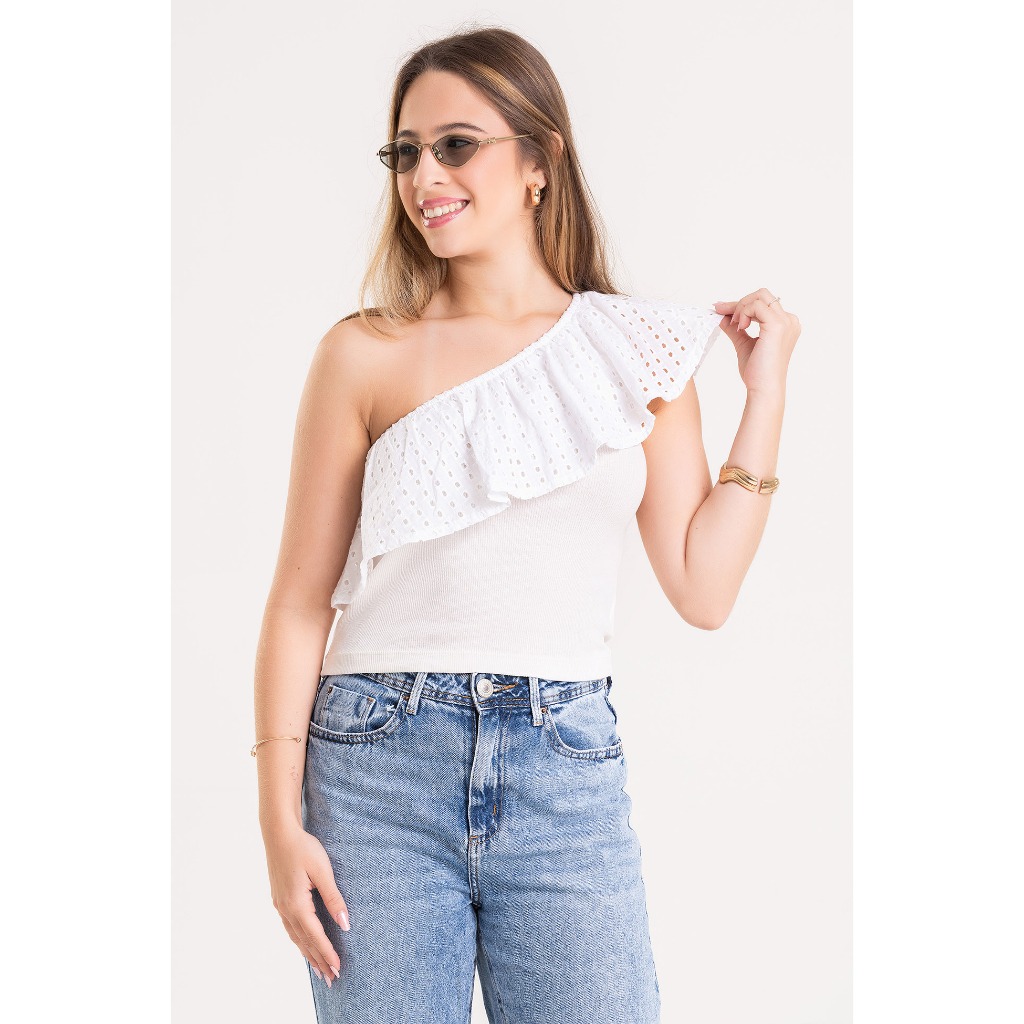 Blusa Feminina com Babado Texturizado Ajustada Moderna Romântica Casual