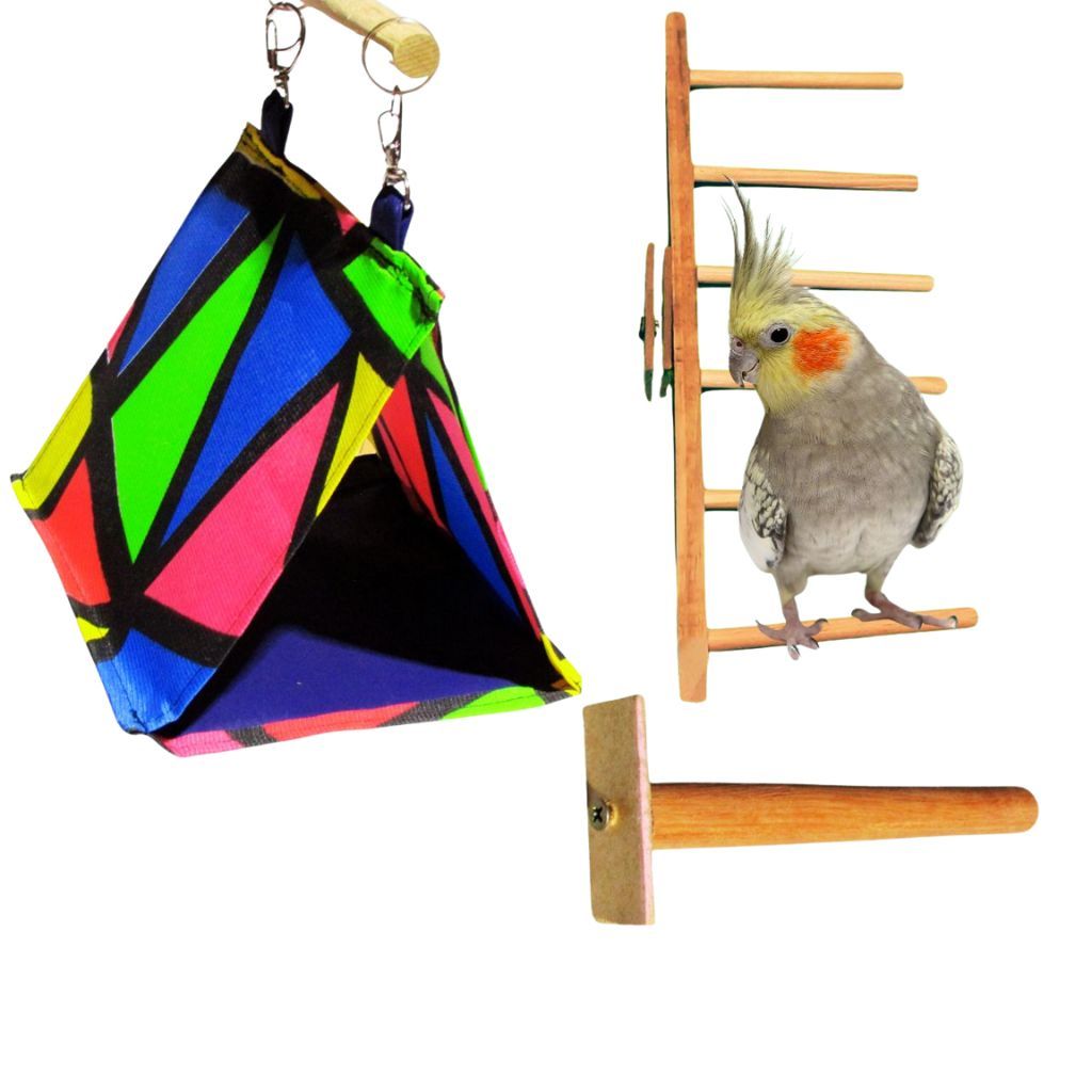 Kit 3 Brinquedo Para Calopsita Cabana + Poleiro+ escada Suspensa Gaiola Aves Periquito Pássaro.