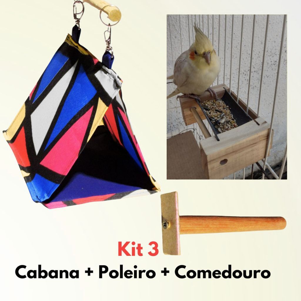 Kit 3 Brinquedo Para Calopsita Cabana + Poleiro + comedouro Gaiola Aves Periquito Passaro.