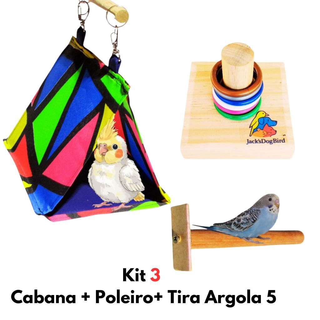 Kit 3 Brinquedo Para Calopsita Cabana + Poleiro + Tira 5 Argola Periquito Aves Gaiola Passaro.
