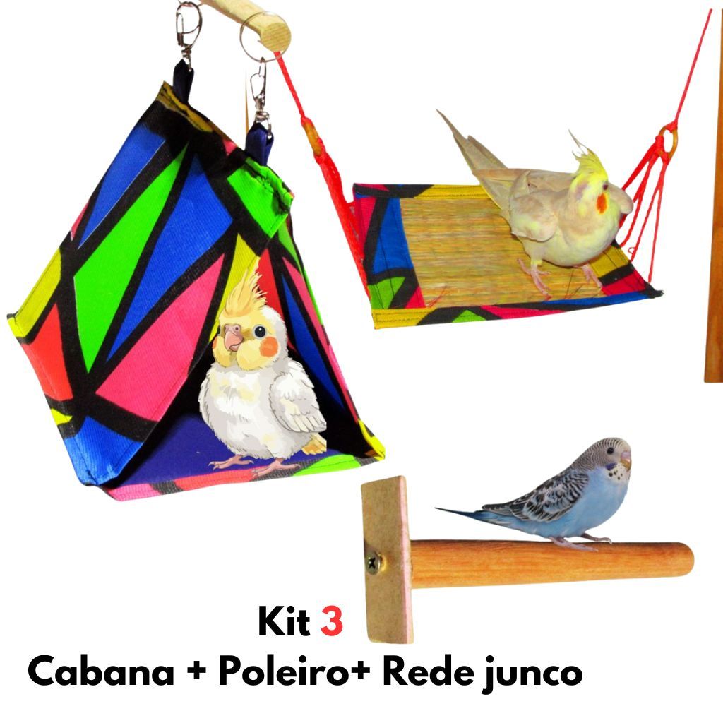 kit 3 Brinquedos Para Calopsita Cabana + Rede Junco + Poleiro 15cm Periquito Gaiola Aves