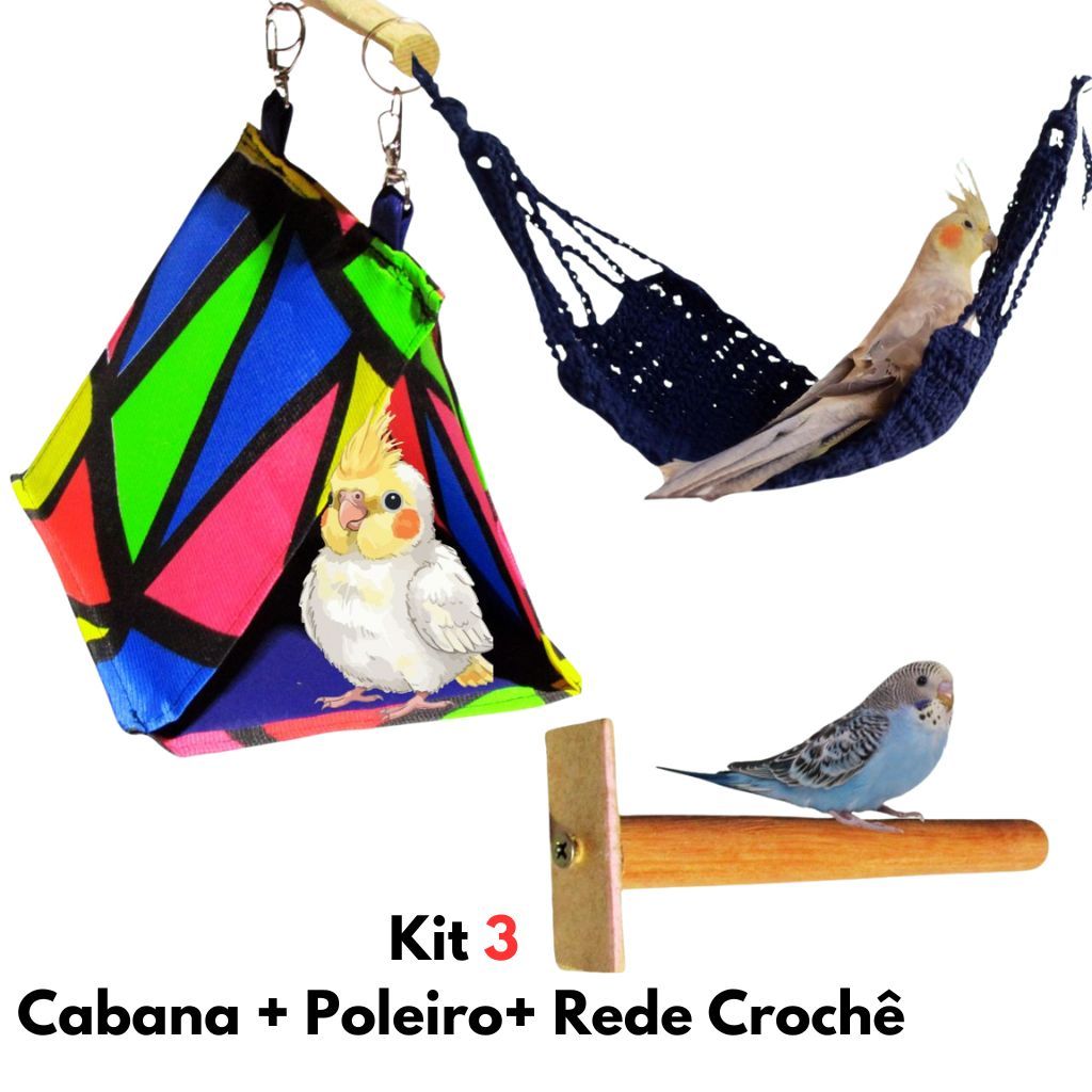 Kit 3 Brinquedos Para Calopsita Cabana + Poleiro + Rede de Crochê Periquito Aves Gaiola.